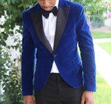Blue Plush Velvet Peak Lapel Tuxedo Blazer