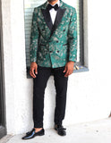 Green and Gold Double Breasted Printed Blazer