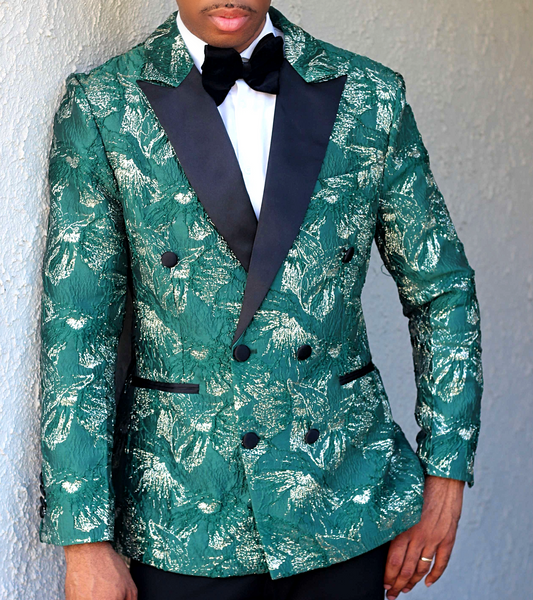 Green and Gold Double Breasted Printed Blazer