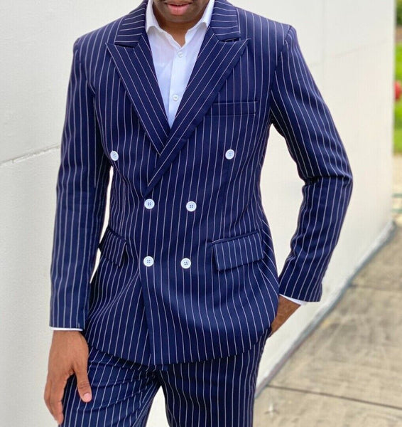 Blue Pinstripe Double breasted Two Piece Men Suit